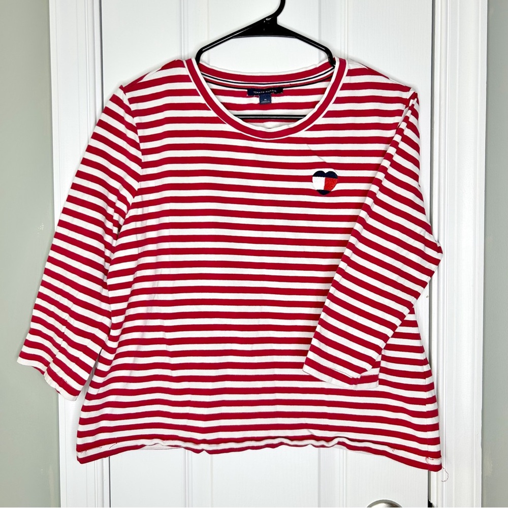 Tommy Hilfiger Red White Striped 90’s Stretch Knit 3/4 Sleeve Tee Shirt Medium